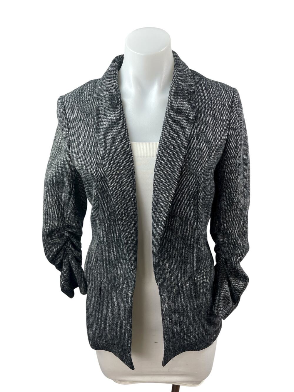 H&M Women's Gray Tweed Ruched Long Sleeve Notched Lapel Blazer Coat Jacket Sz 6